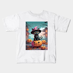 Black halloween cat with spooky pumpkins Kids T-Shirt